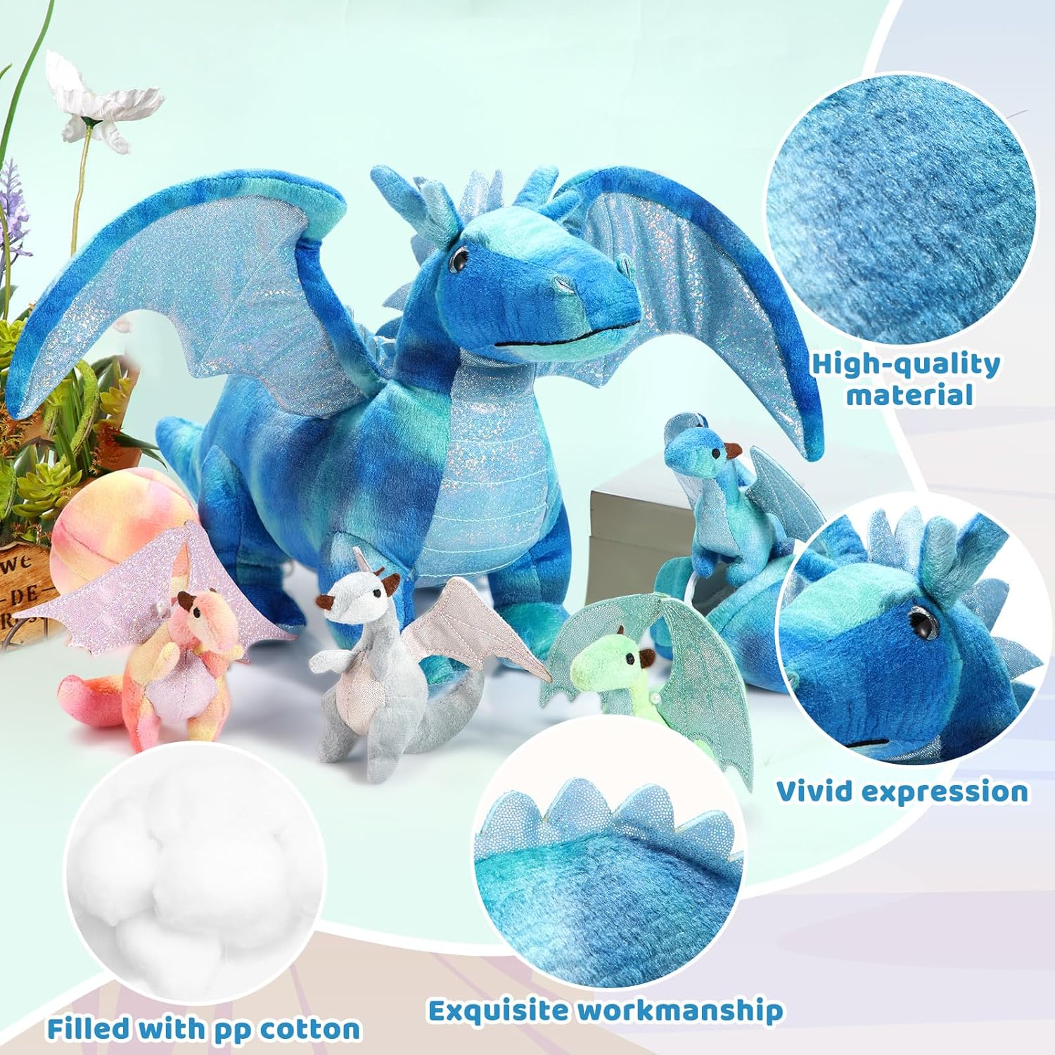 Deekin 7 Pcs Dragon Toy Set 16 Inch Large Dragon Stuffed Animal with 4 Baby Plush and 2 Eggs in Mommy's Belly Dinosaur Plushies Gifts for Boys Girls Birthday(Bright Style)